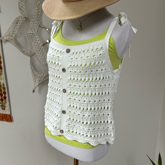 Crochet summer festival tie shoulder sweater top SZ M-L - Picture 1 of 7